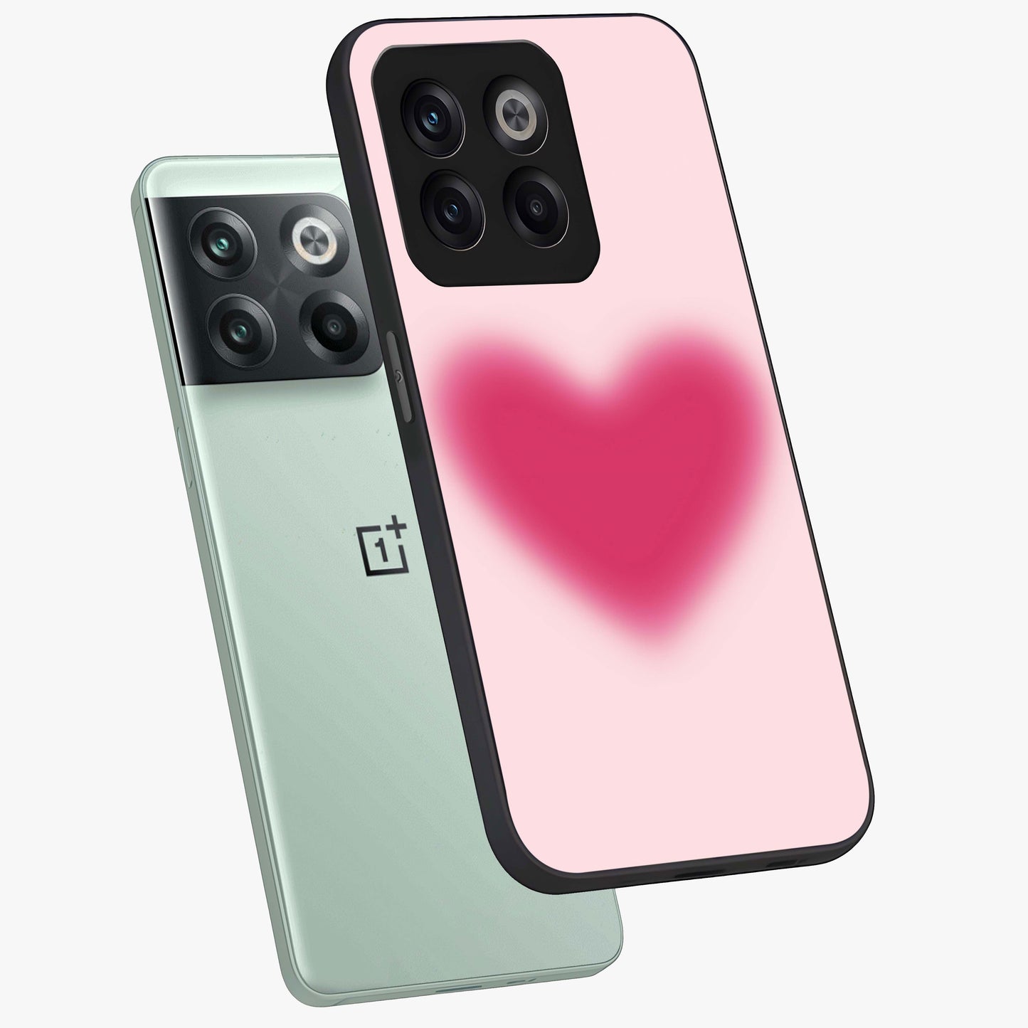 Pink Aura Heart Glass Case for 1+10T angled mockup showcasing glossy glass finish and radiant aura detailing