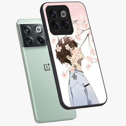 Pink Blossom Boy Glass Case for 1+10T angled mockup showcasing glossy finish and soft bloom tones