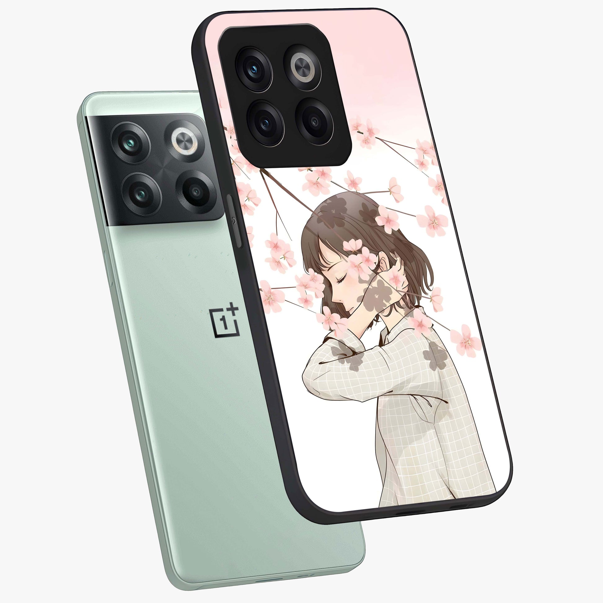 Pink Blossom Girl Glass Case for 1+10T angled mockup showcasing glossy finish and pastel floral detailing