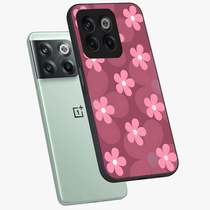 Pink Daisy Flower Pattern Glass Case for 1+10T angled mockup showcasing glossy finish and playful bloom detailing