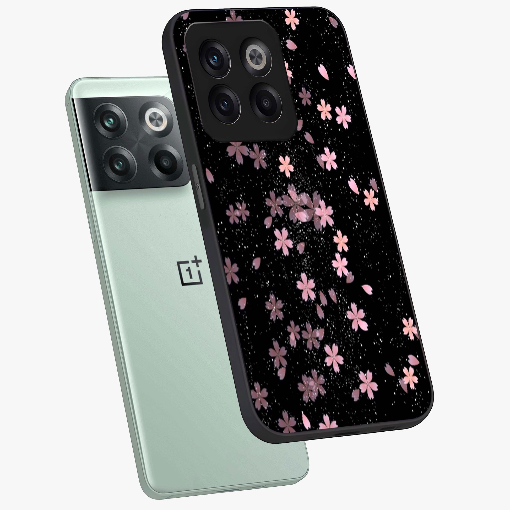 Pink Flower Black Background Glass Case for 1+10T angled mockup showcasing glossy finish and bold contrast tones