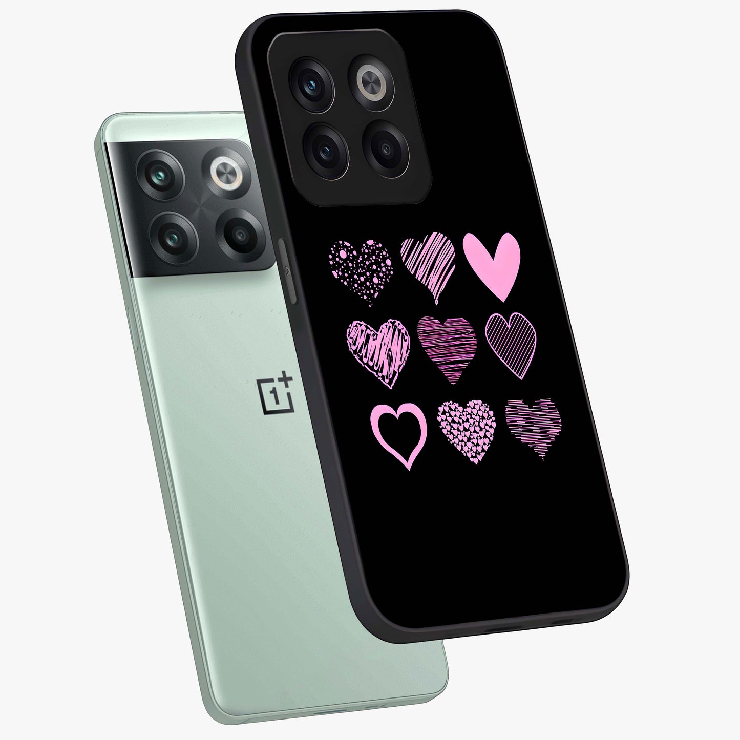 Pink Heart Aesthetic Glass Case for 1+10T angled mockup showcasing glossy finish and pastel romantic detailing