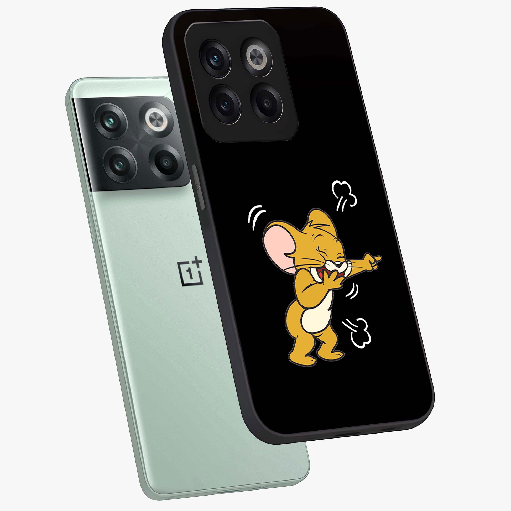 Playful Jerry Vibes Glass Case for 1+10T angled mockup showcasing glossy finish and vibrant character detailing