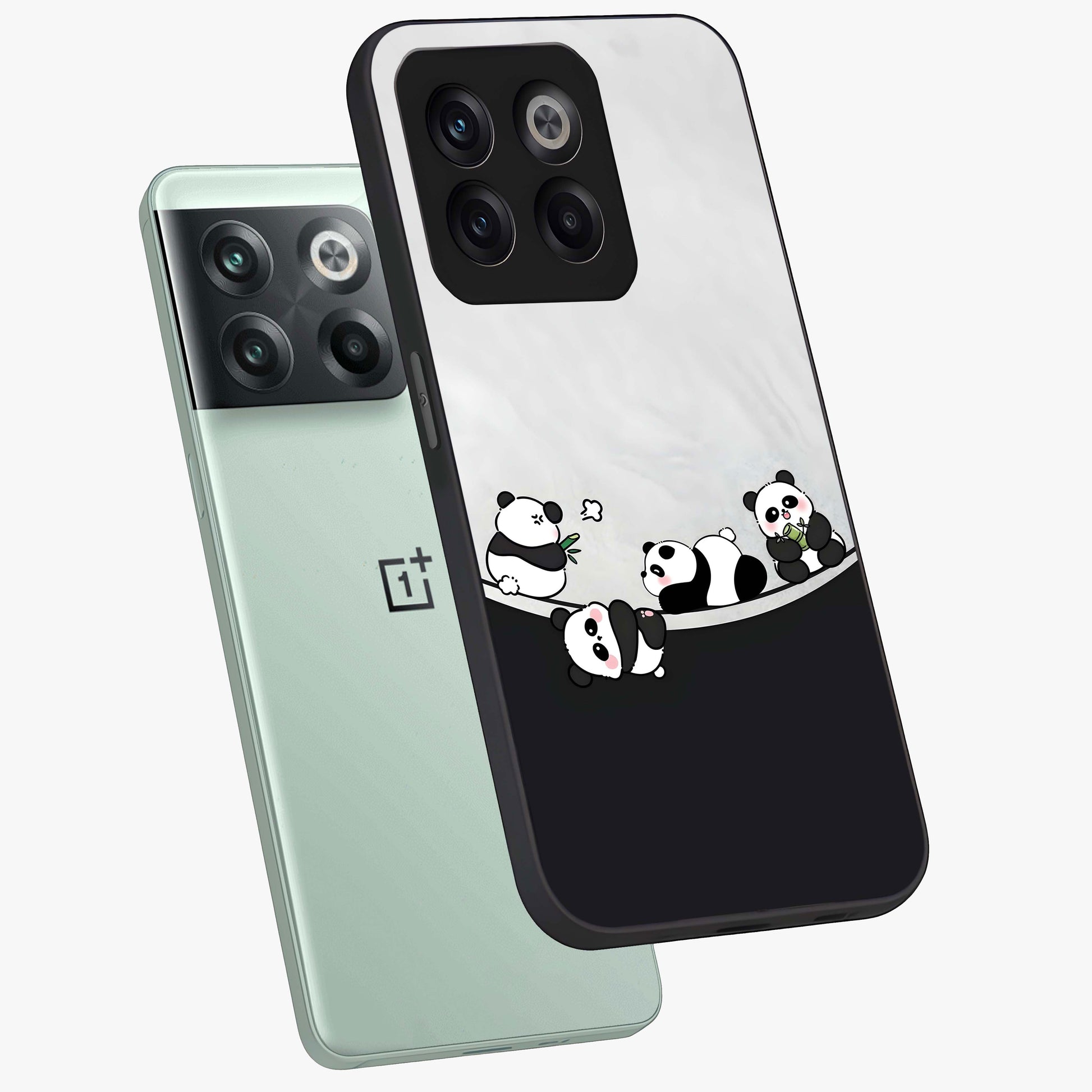 Playful Panda Parade Glass Case for 1+10T angled mockup showcasing glossy finish and soft pastel tones