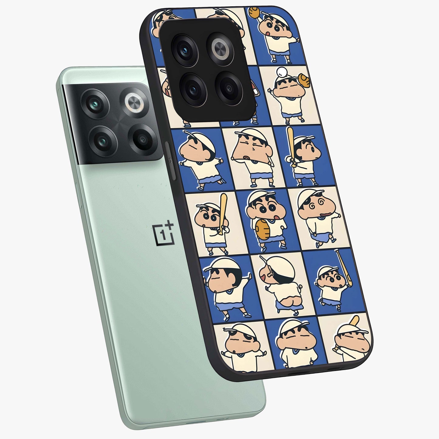 Playful Shin Swing Glass Case for 1+10T angled mockup showcasing glossy finish and vibrant cartoon detailing