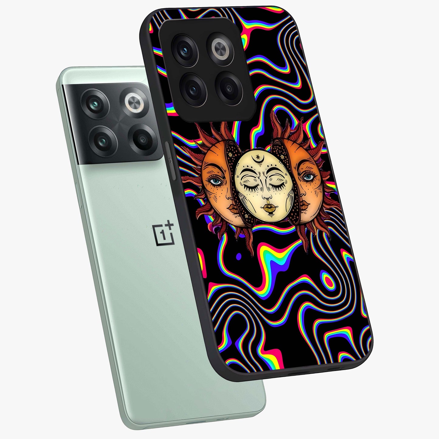 Psychedelic Sun Glass Case for 1+10T angled mockup showcasing glossy finish and bold abstract detailing