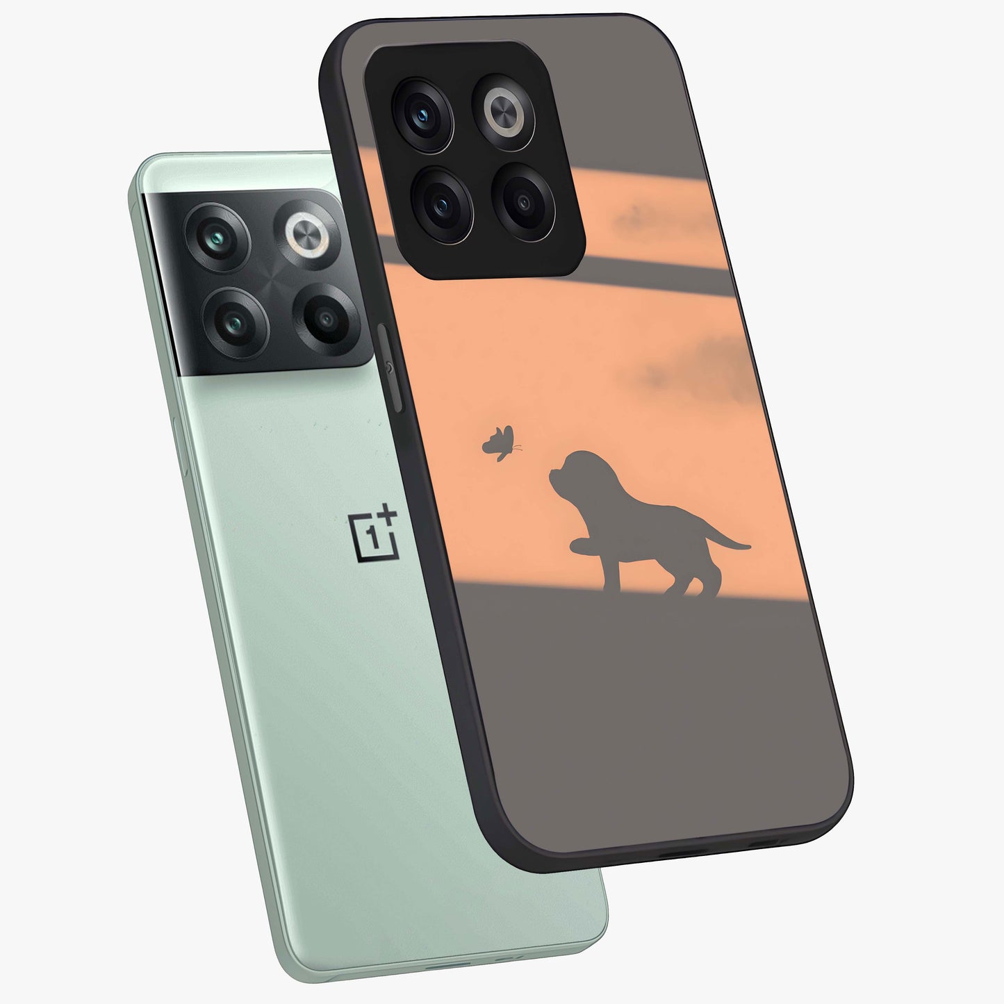 Puppy Shadow Art Glass Case for 1+10T angled mockup showcasing glossy finish and soft shadow detailing