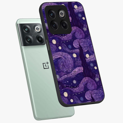 Purple Swirls Glass Case for 1+10T angled mockup showcasing glossy finish and smooth gradient detailing