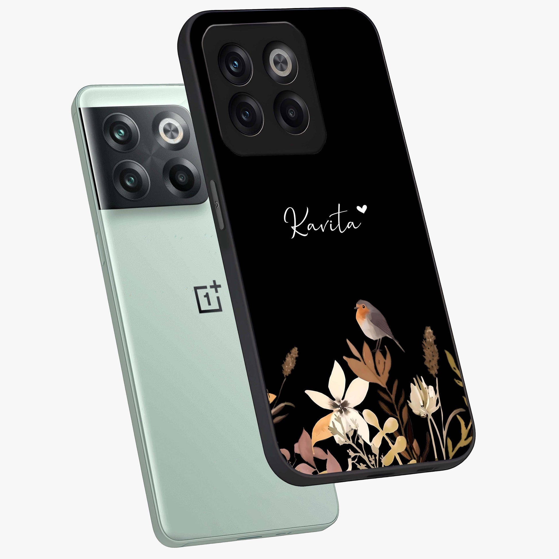 Quiet Garden Tune Glass Case for 1+10T angled mockup showcasing glossy finish and soft pastel tones