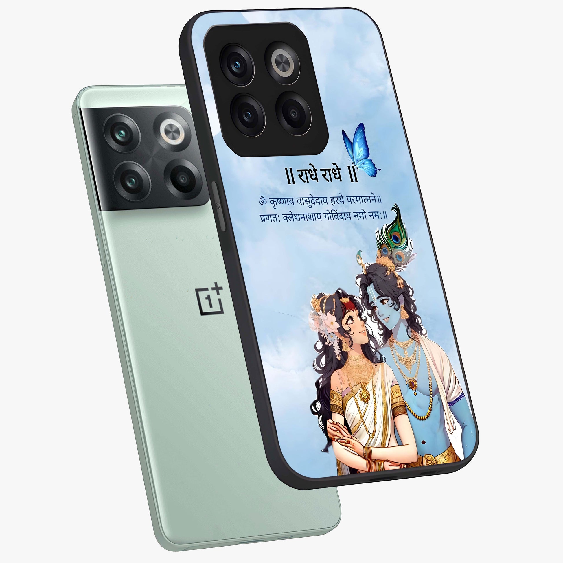 Radha Krishna Eternal Glass Case for 1+10T angled mockup showcasing glossy finish and rich cultural tones