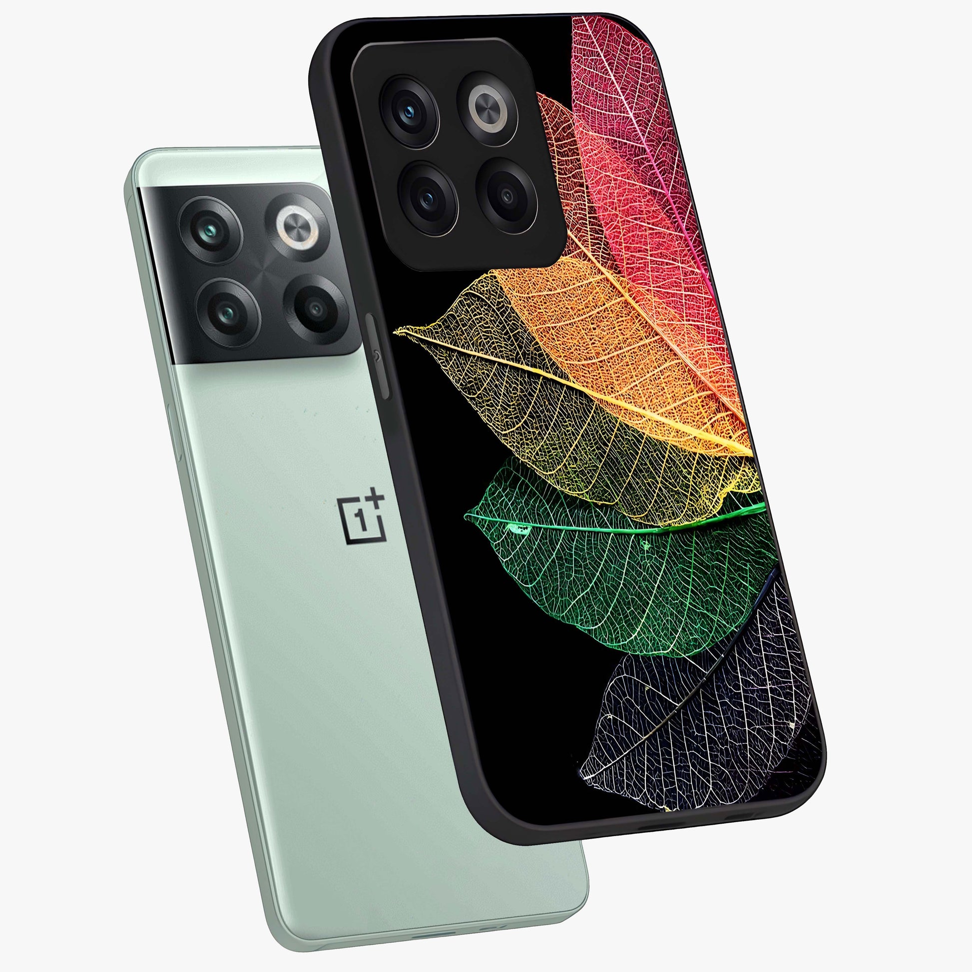 Rainbow Leaf Glow Glass Case for 1+10T angled mockup showcasing glossy finish and radiant gradient tones