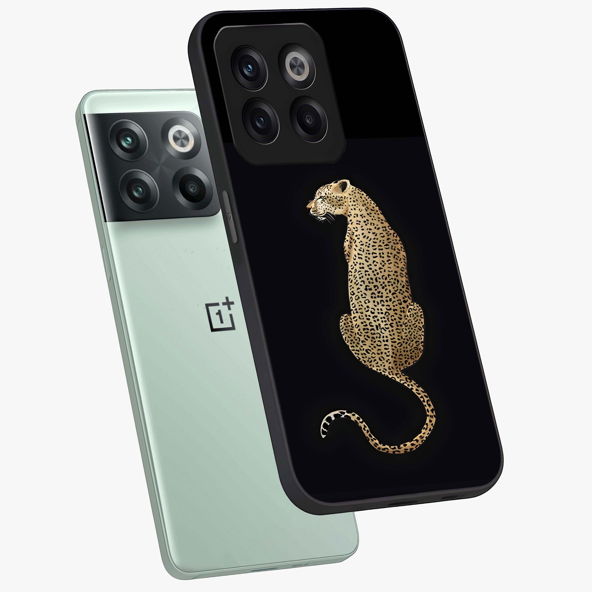 Regal Leopard Glass Case for 1+10T angled mockup showcasing glossy glass finish and detailed animal textures