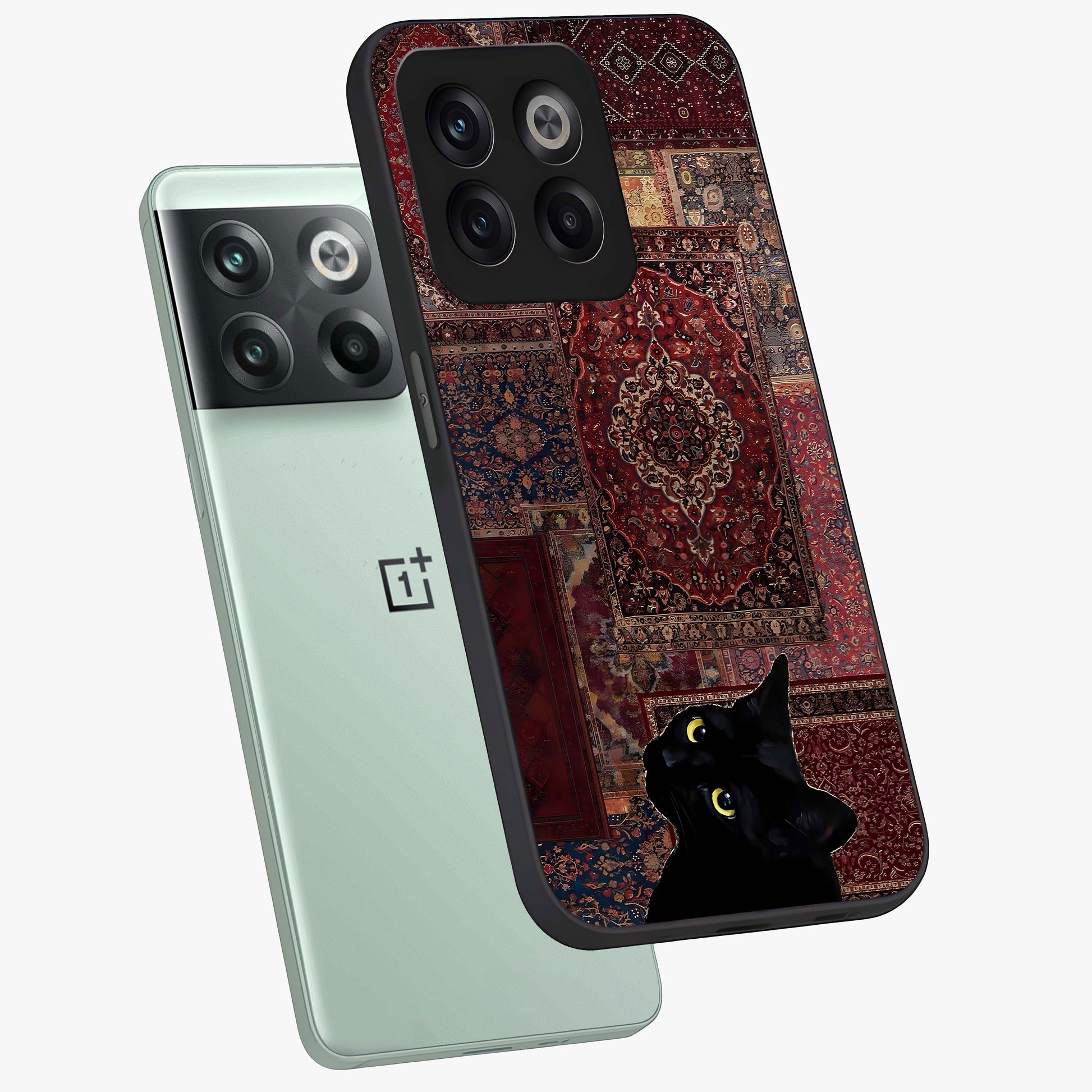 Regal Magic Cat Apple Glass Case for 1+10T angled mockup showcasing glossy finish and vibrant illustration detailing