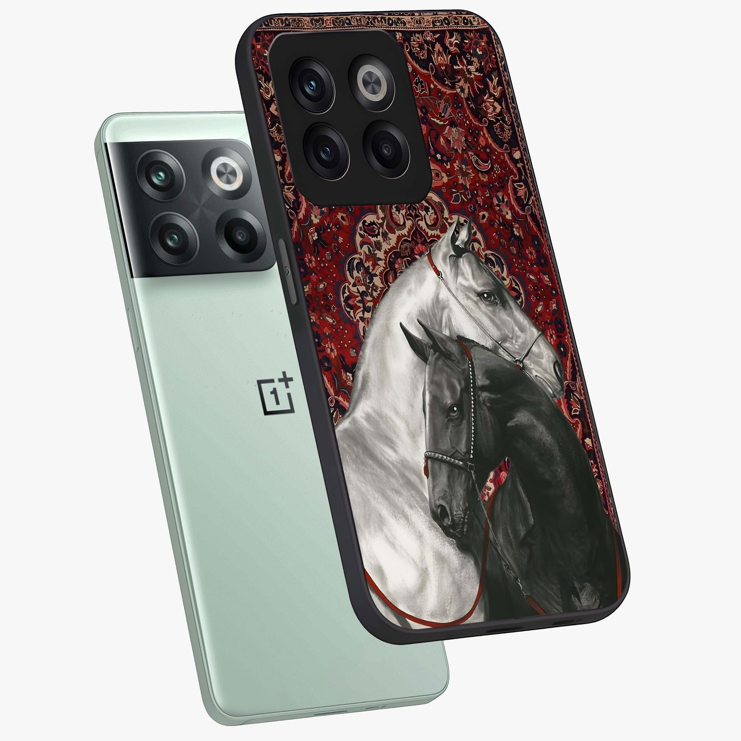 Regal Stallion Tapestry Glass Case for 1+10T angled mockup showcasing glossy finish and rich ornamental tones