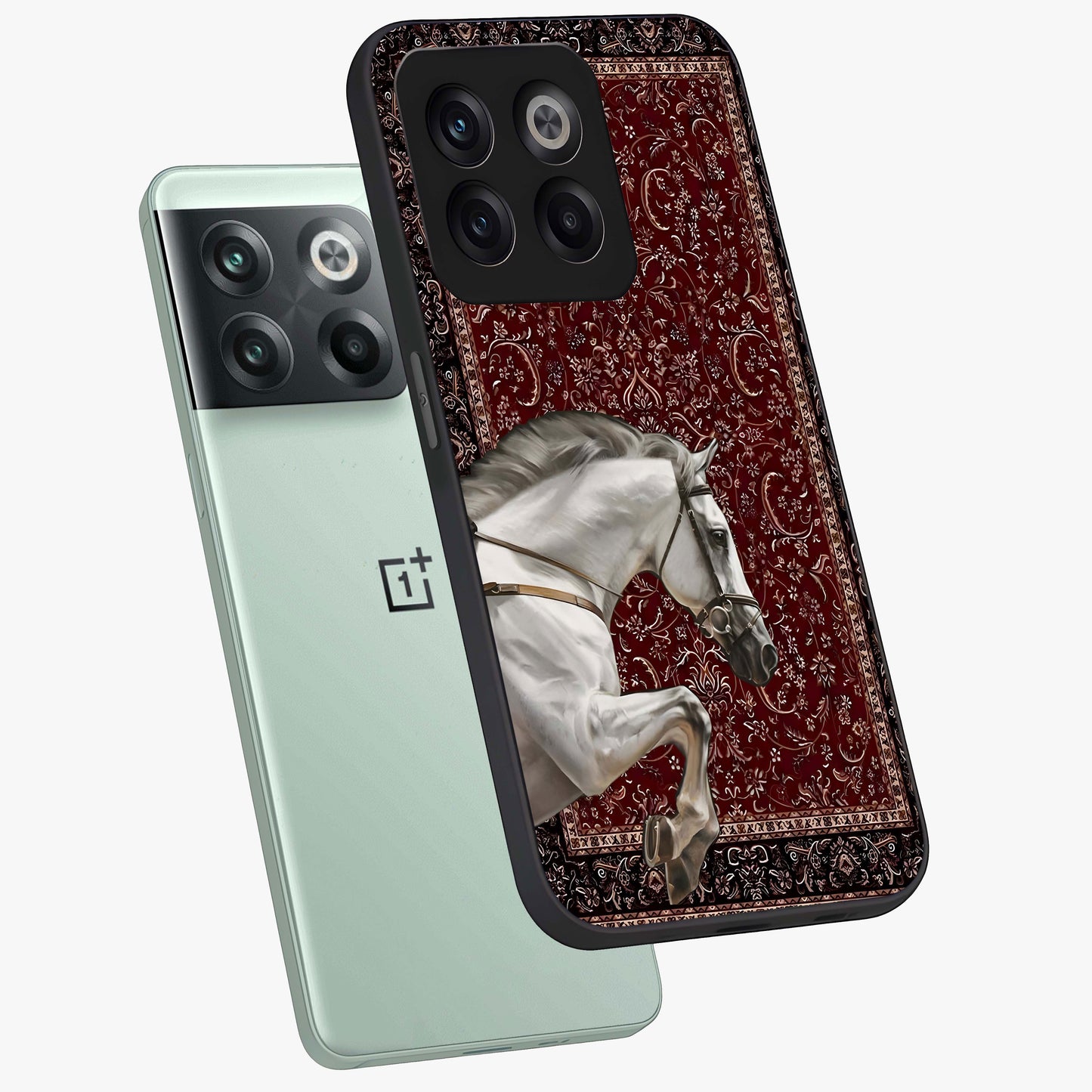 Royal Rider Tapestry Glass Case for 1+10T angled mockup showcasing glossy finish and heritage inspired detailing