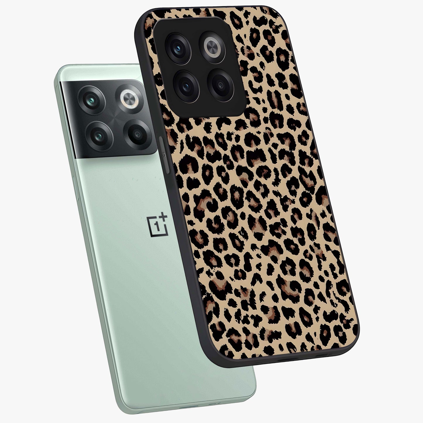 Savage Chic Pattern Glass Case for 1+10T angled mockup showcasing glossy finish and modern graphic detailing