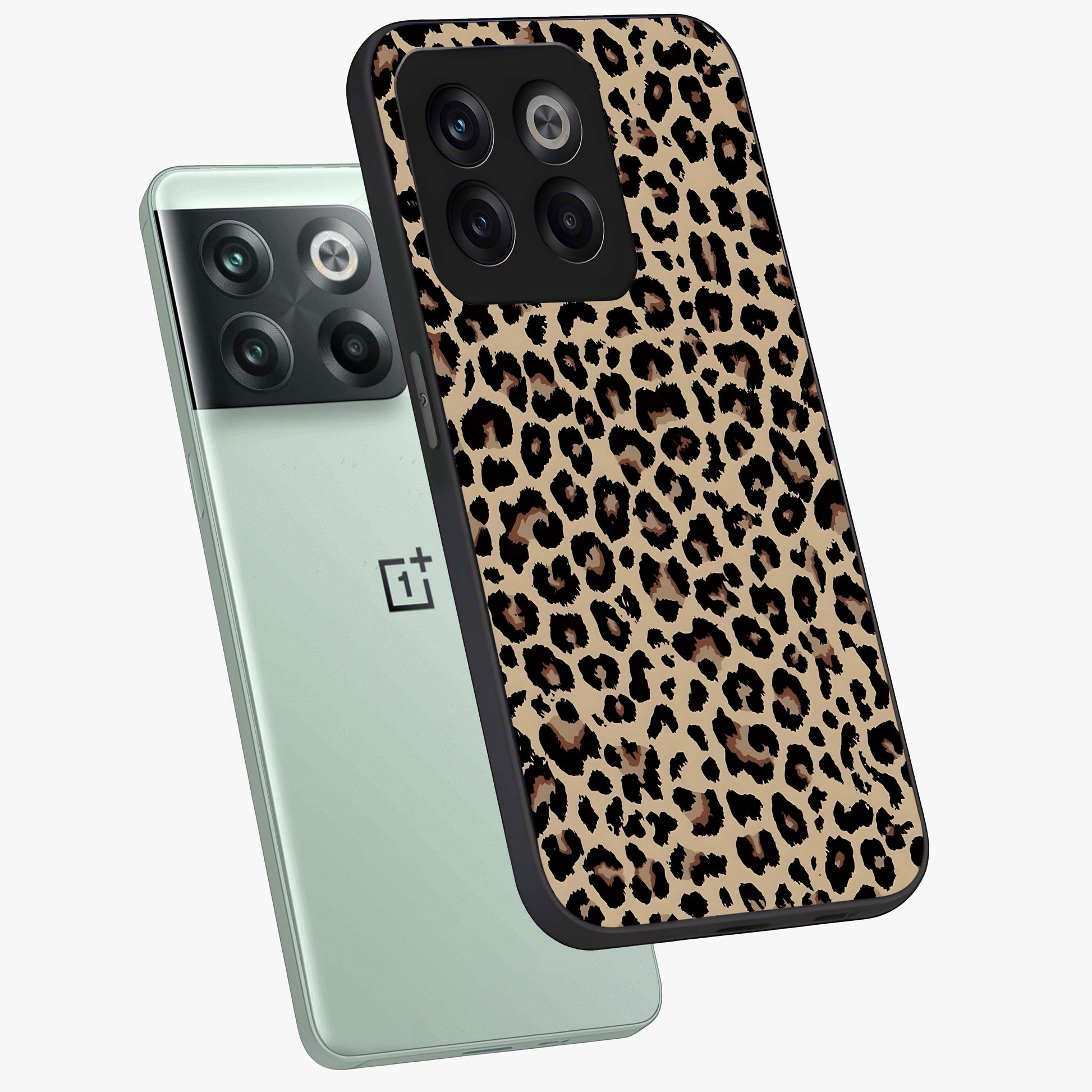 Savage Chic Pattern Glass Case for 1+10T angled mockup showcasing glossy finish and modern graphic detailing