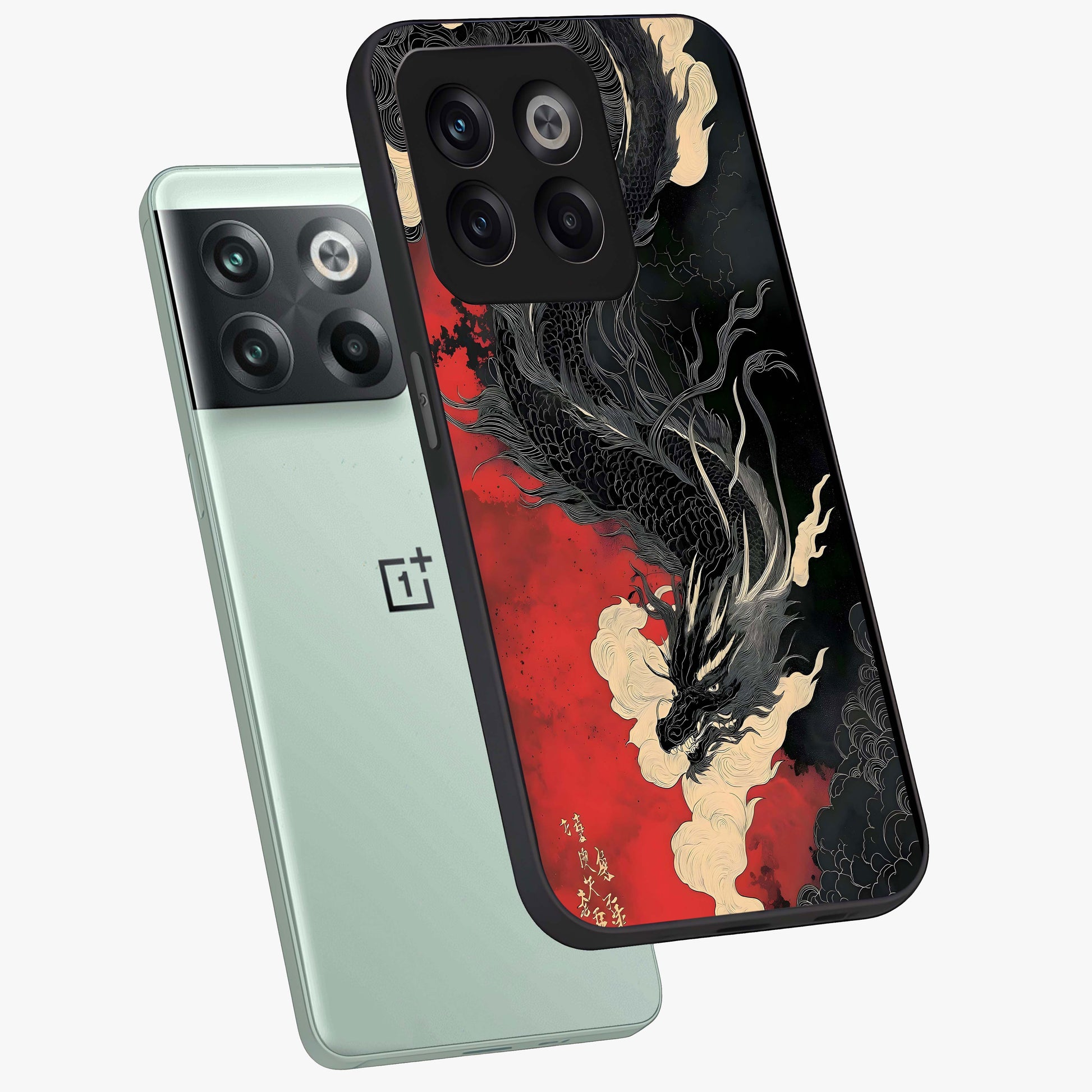 Shadow Dragon Fury Glass Case for 1+10T angled mockup showcasing glossy finish and powerful fantasy detailing