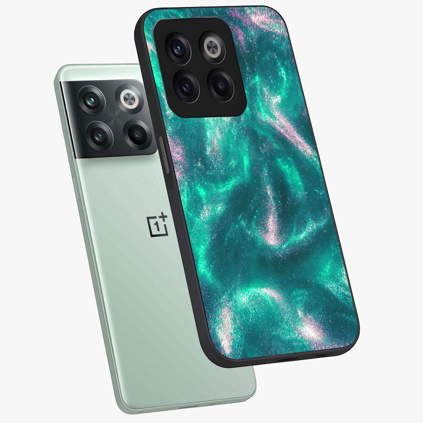 Shimmering Nebula Waves Glass Case for 1+10T angled mockup showcasing glossy finish and deep space gradients