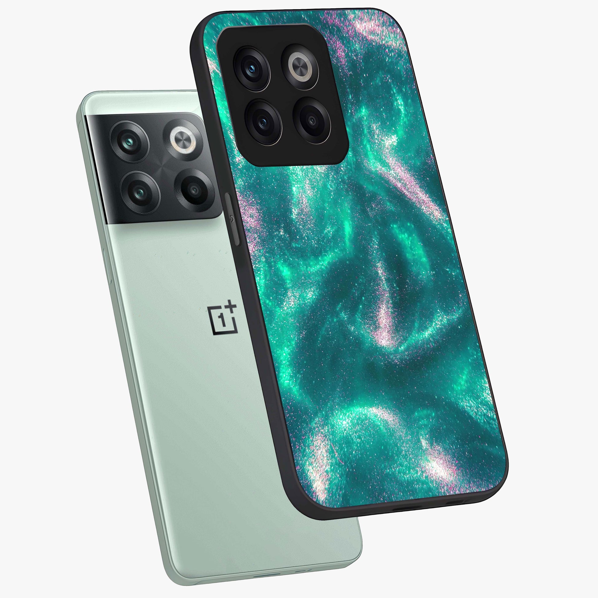 Shimmering Nebula Waves Glass Case for 1+10T angled mockup showcasing glossy finish and deep space gradients