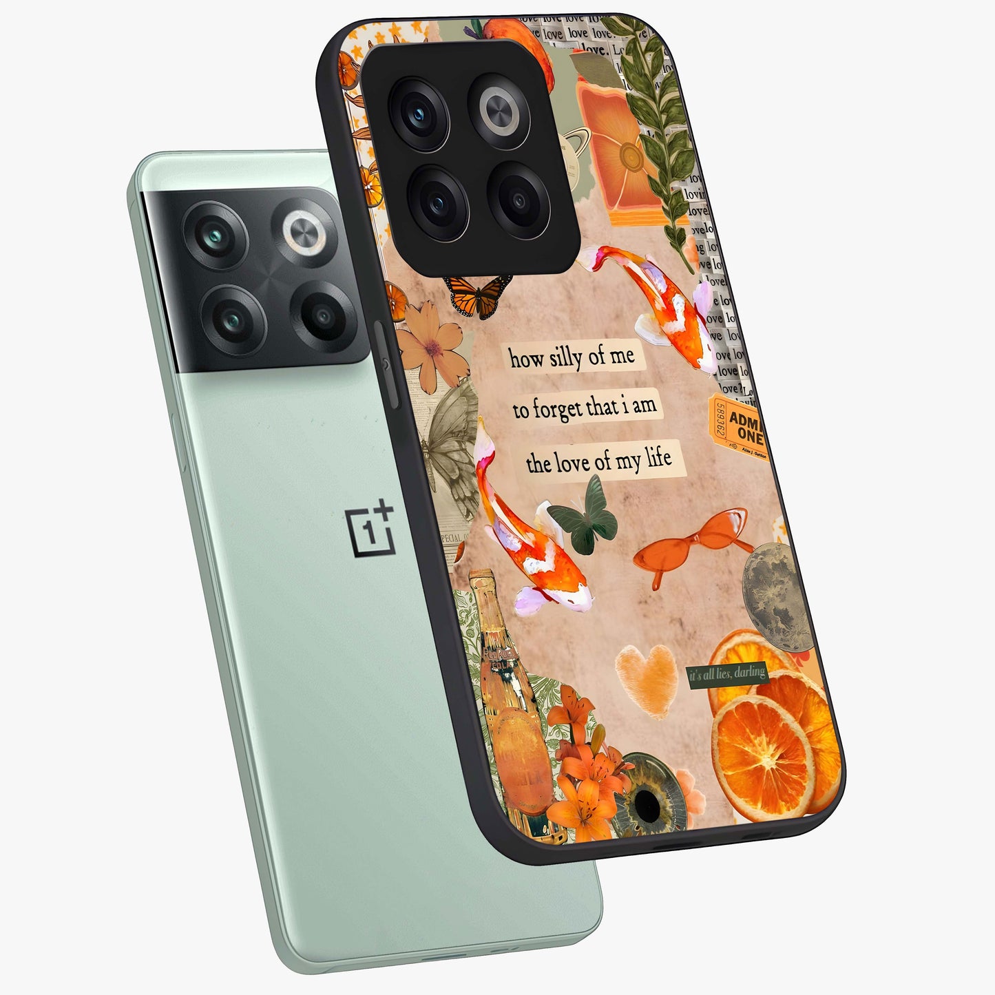 Soft Chaos Aesthetic Glass Case for 1+10T angled mockup showcasing glossy glass finish and blended gradient detailing