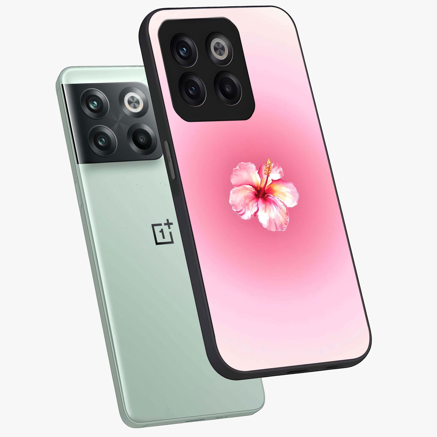 Soft Petal Serenity Glass Case for 1+10T angled mockup showcasing glossy finish and calming bloom detailing