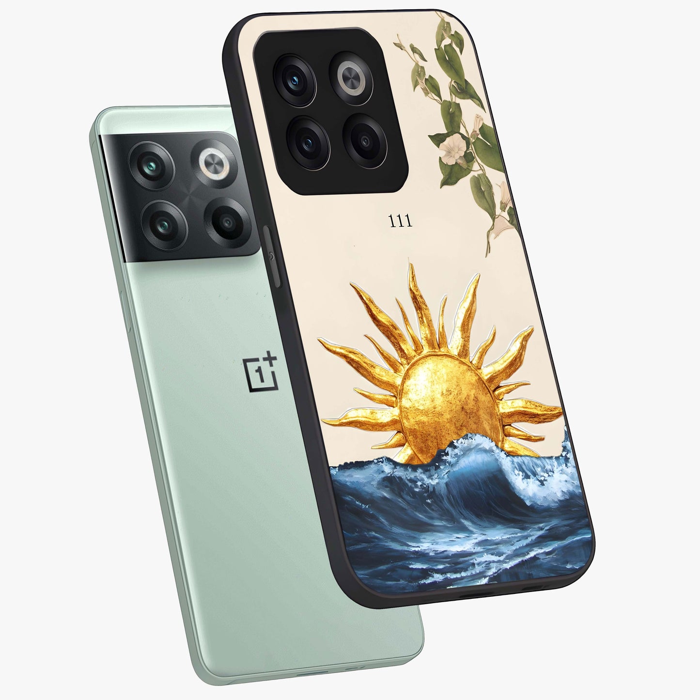Solar Wave Bloom Glass Case for 1+10T angled mockup showcasing glossy finish and warm luminous tones