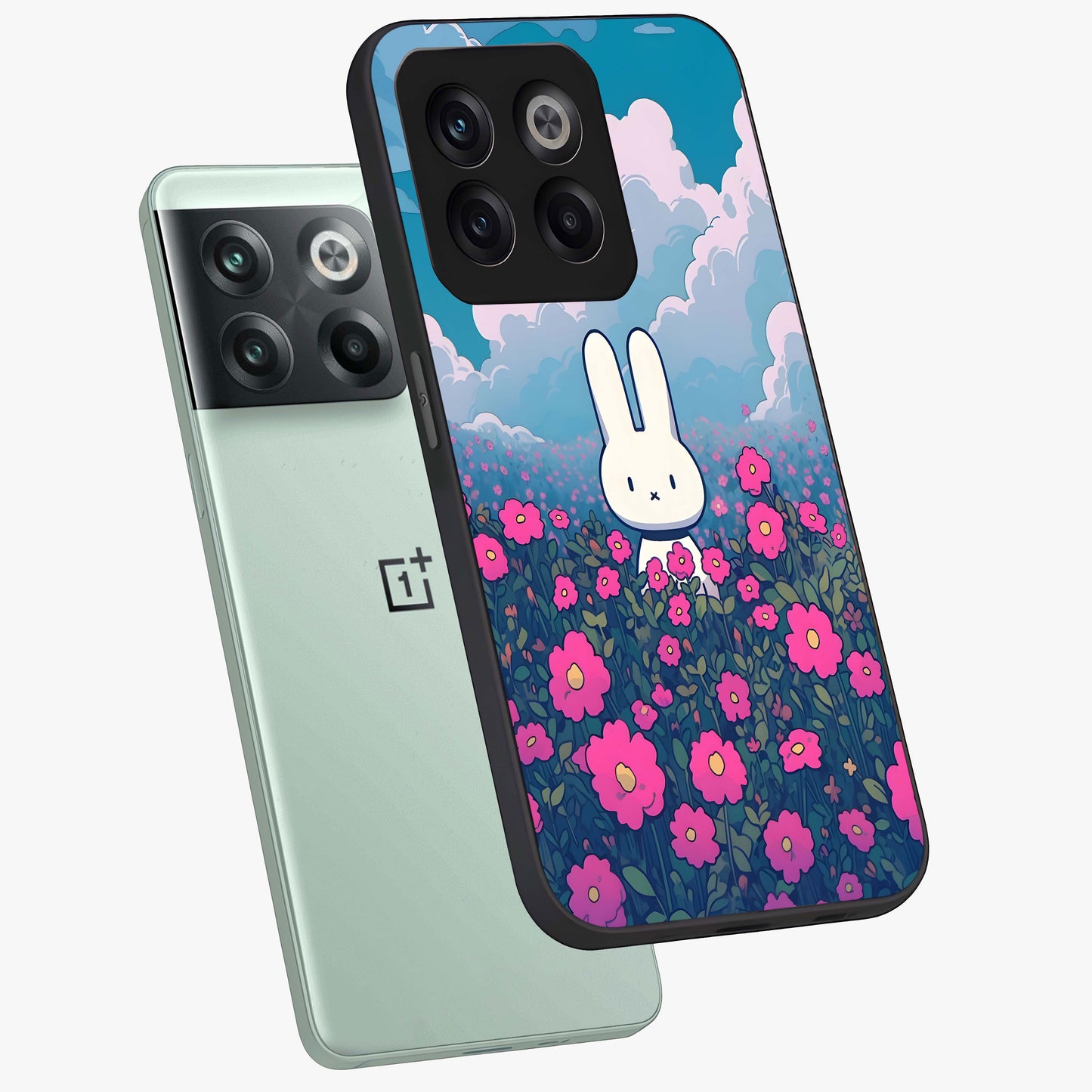 Springtime Blossom Bunny Glass Case for 1+10T angled mockup showcasing glossy finish and soft pastel tones