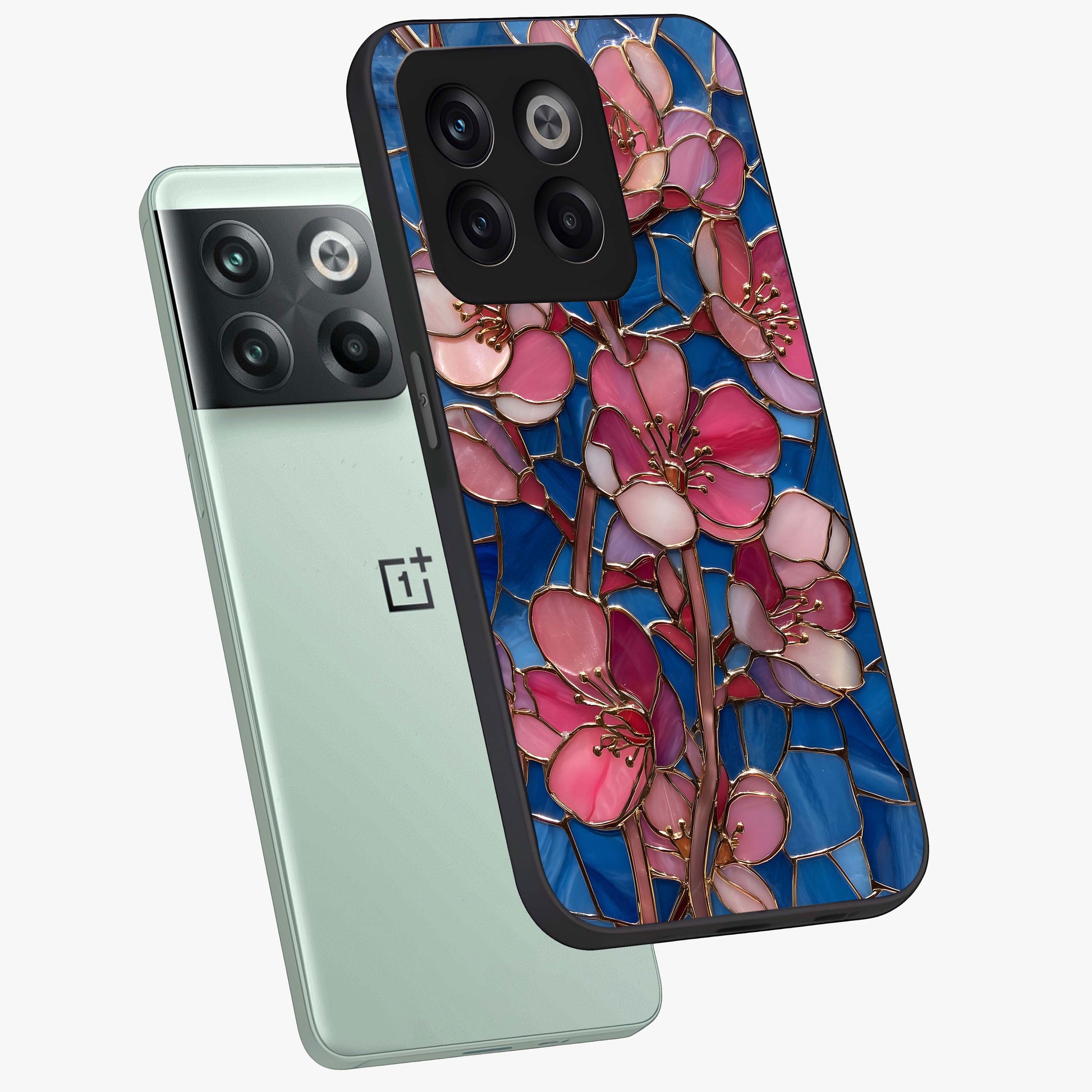 Stained Bloom Grace Glass Case for 1+10T angled mockup showcasing glossy finish and vibrant mosaic tones