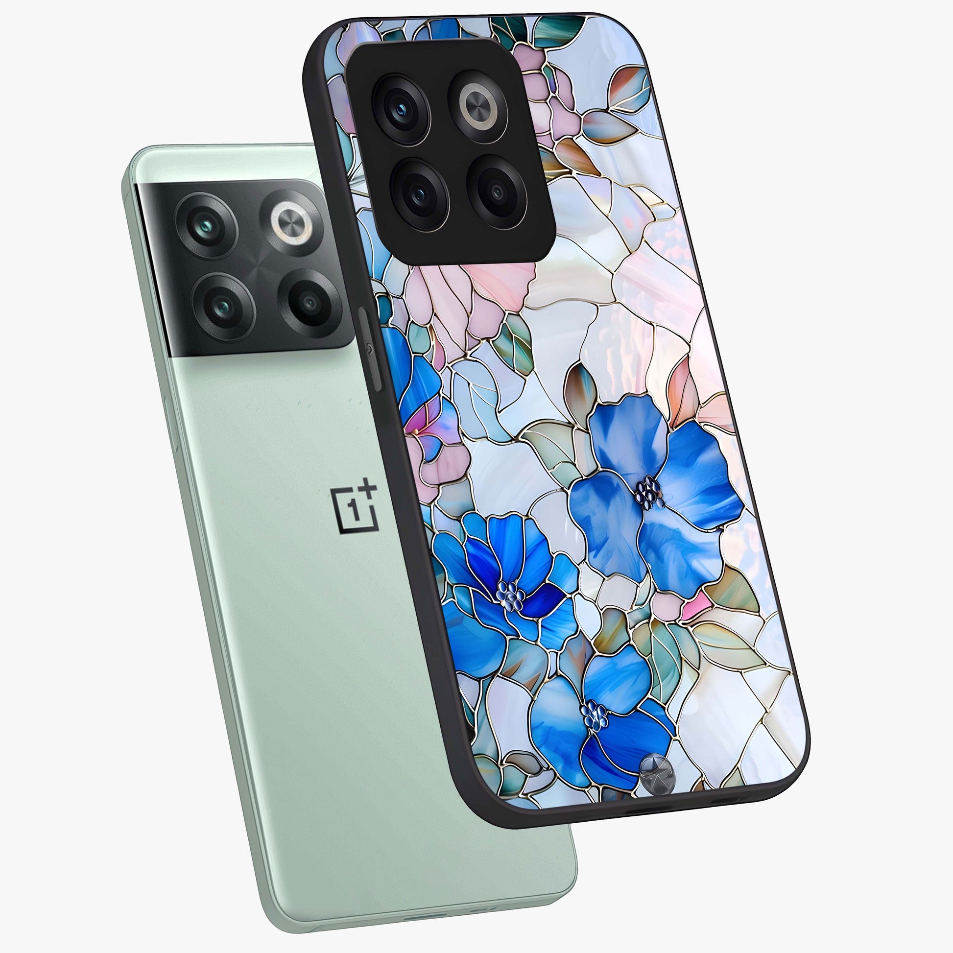 Stained Blue Floral Glass Case for 1+10T angled mockup showcasing glossy glass finish and rich sapphire tones