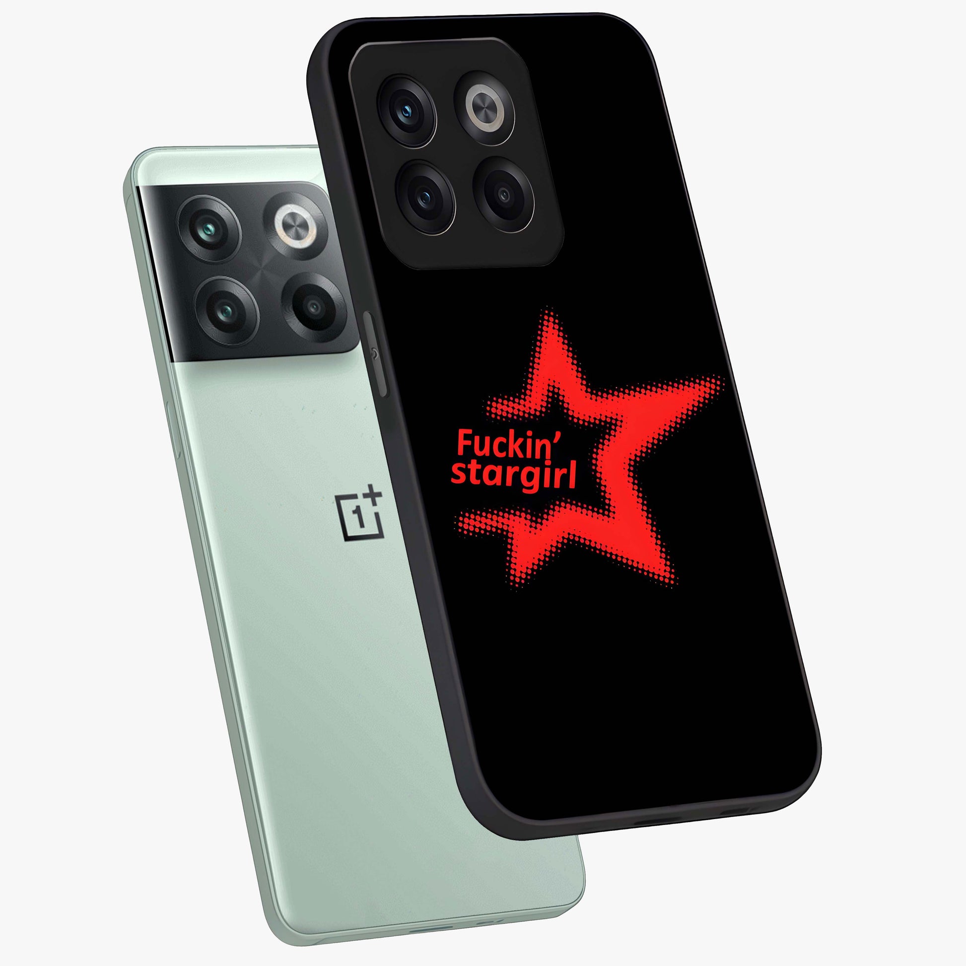 Starboy and Stargirl Energy Glass Case for 1+10T angled mockup showcasing glossy finish and vibrant cosmic tones