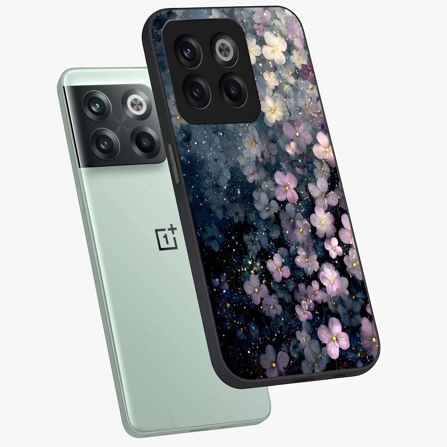 Starlit Blossom Dreams Glass Case for 1+10T angled mockup showcasing glossy finish and soft celestial detailing