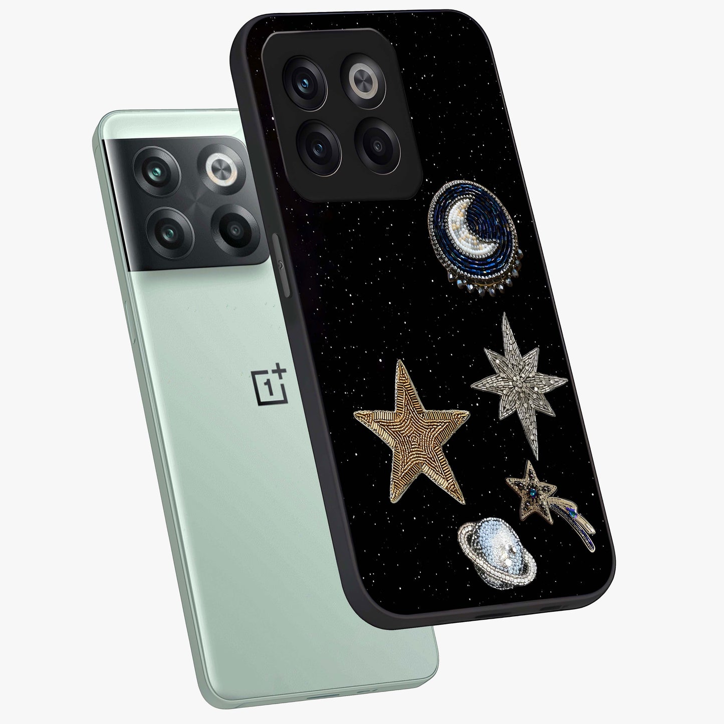 Starlit Cosmic Dreams Glass Case for 1+10T angled mockup showcasing glossy finish and deep space gradients