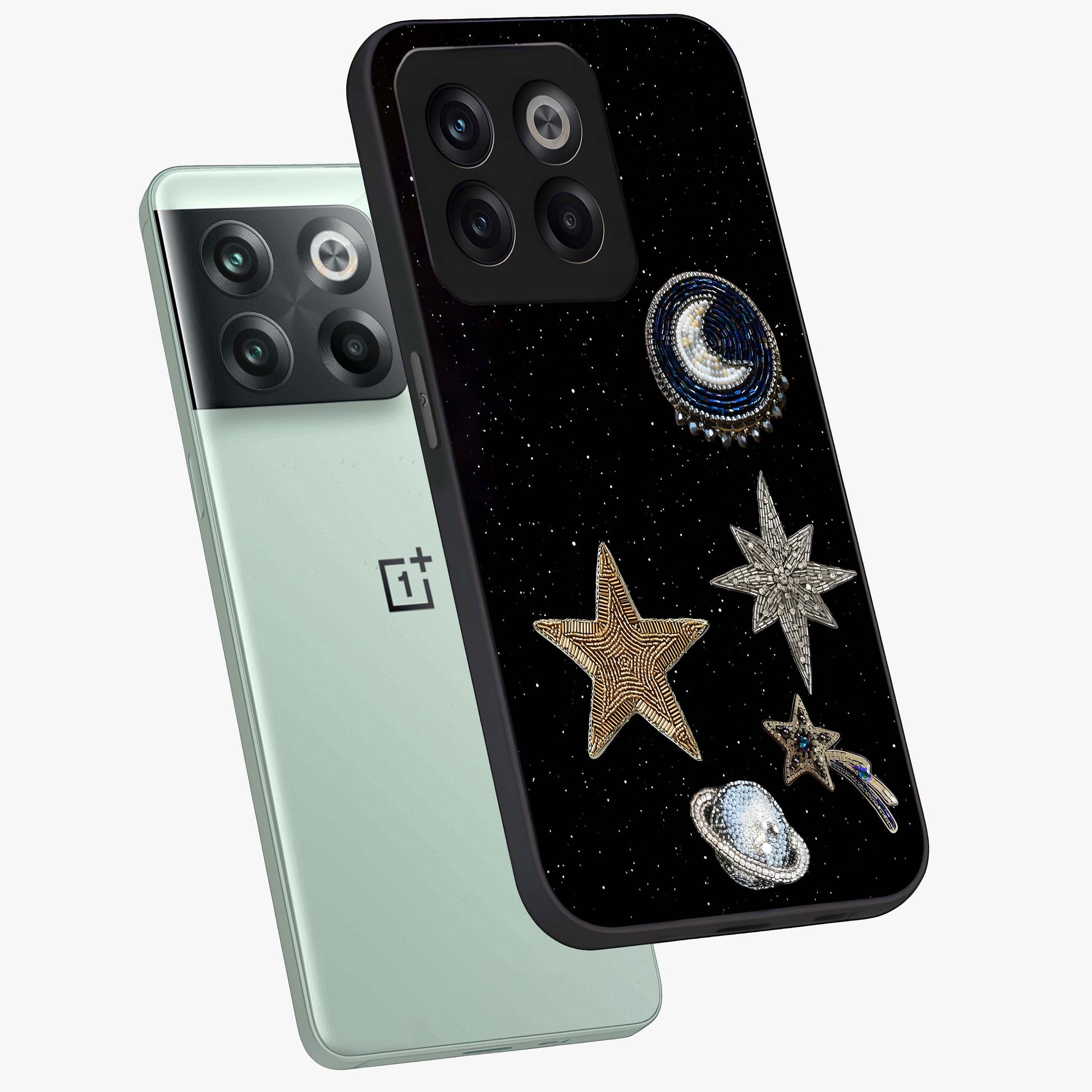 Starlit Cosmic Dreams Glass Case for 1+10T angled mockup showcasing glossy finish and deep space gradients