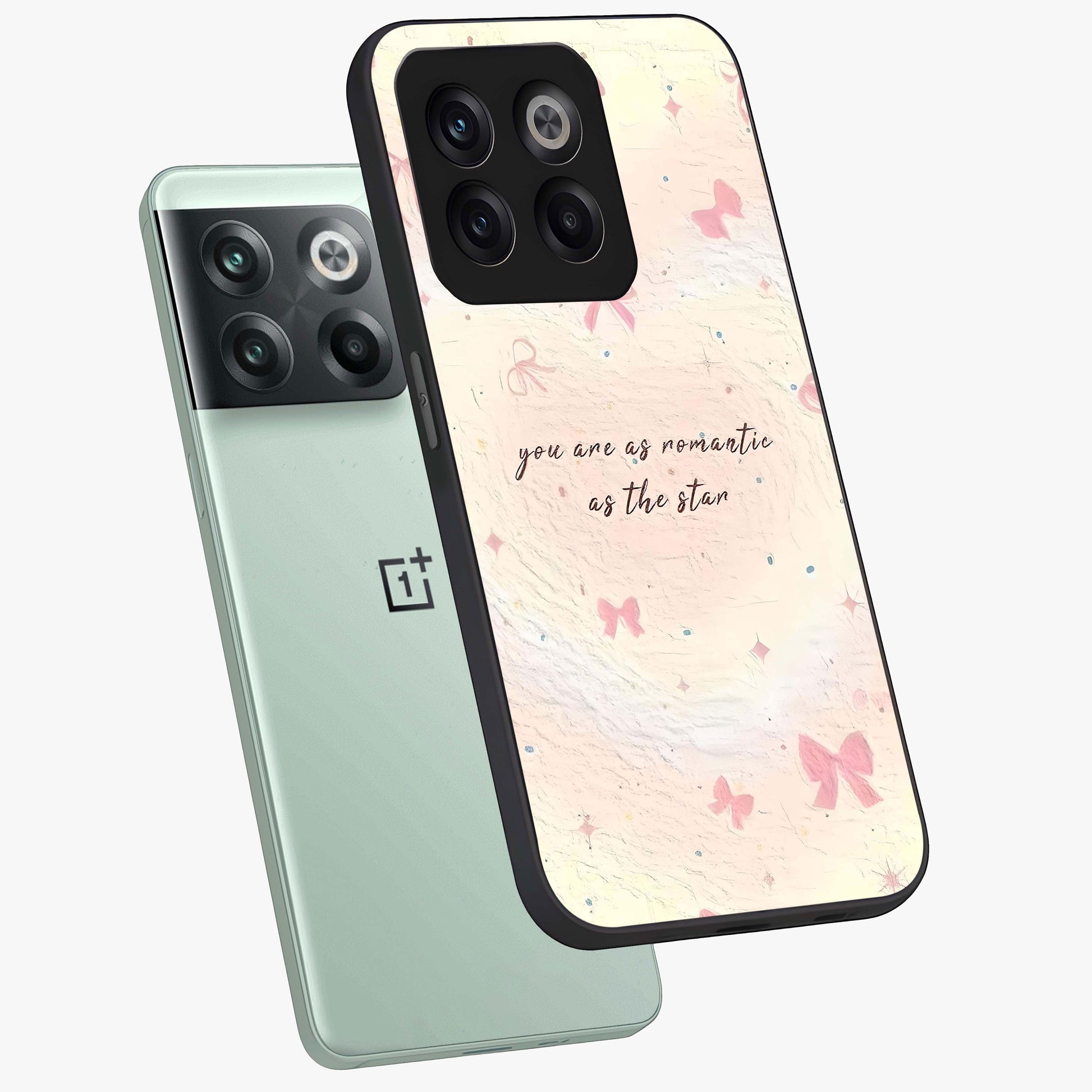 Starry Bow Romance Glass Case for 1+10T angled mockup showcasing glossy finish and soft dreamy tones