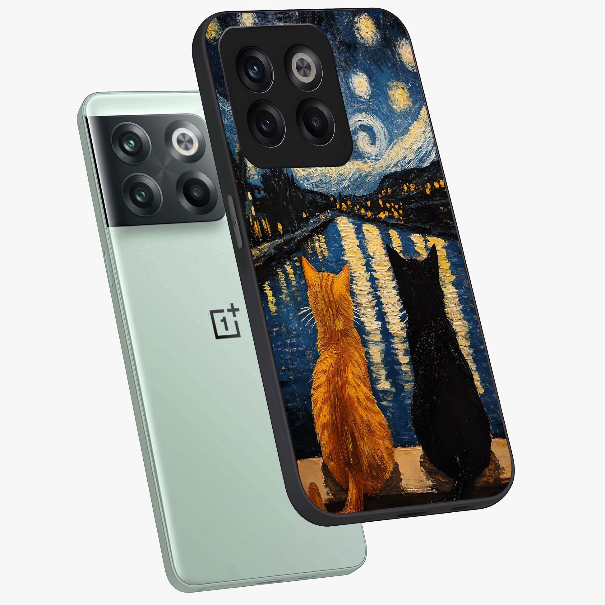 Starry River Cats Glass Case for 1+10T angled mockup showcasing glossy finish and soft cosmic detailing