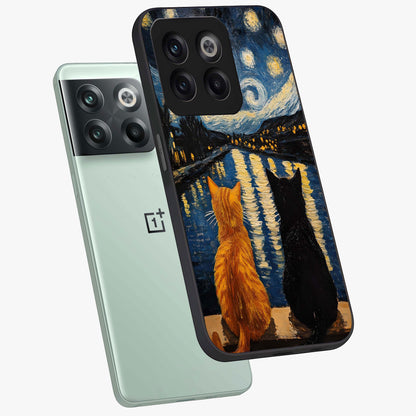 Starry River Cats Glass Case for 1+10T angled mockup showcasing glossy finish and soft cosmic detailing
