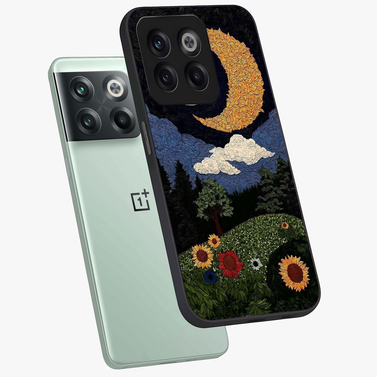 Sun and Moon Magic Design Glass Case for 1+10T angled mockup showcasing glossy finish and mystical gradient tones