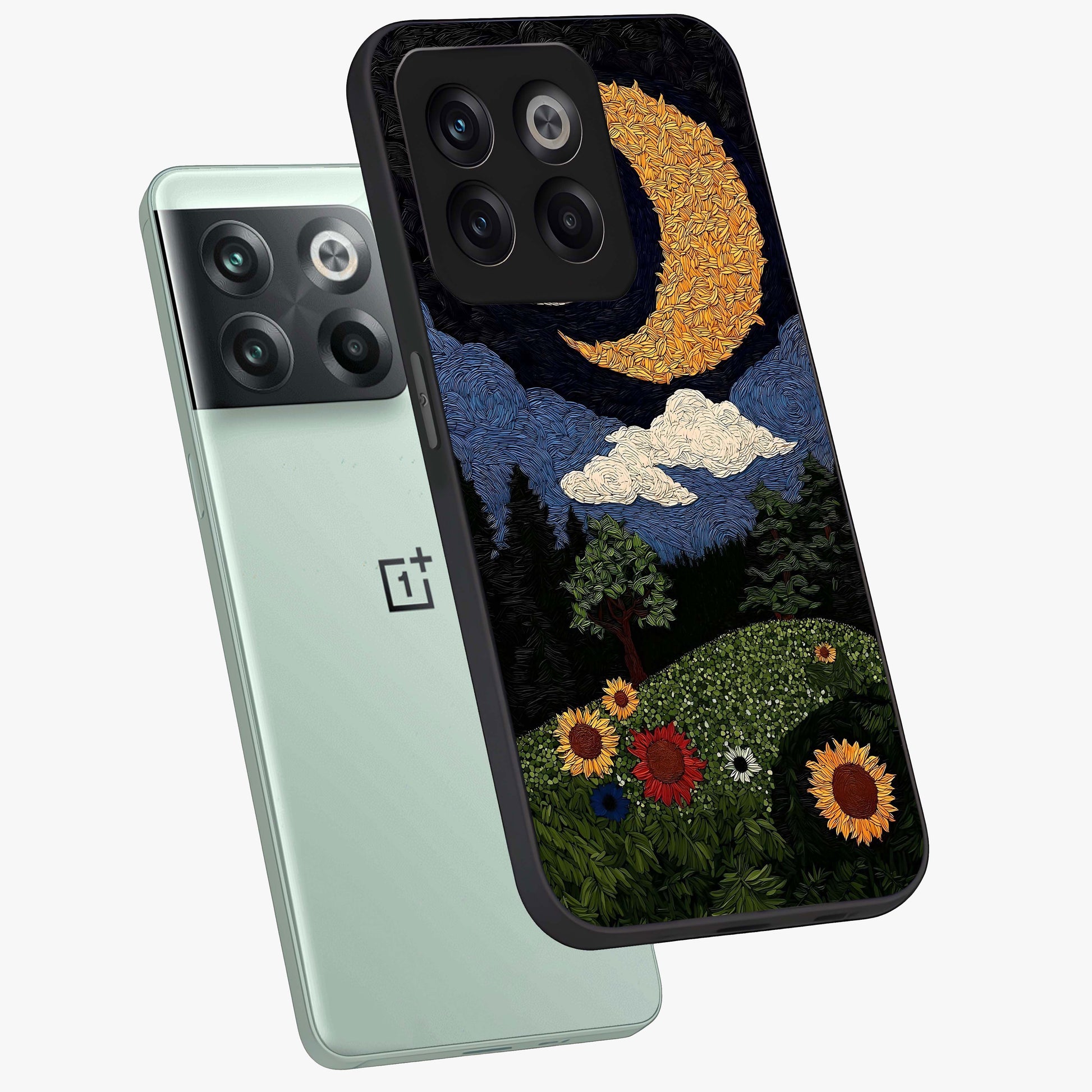 Sun and Moon Magic Design Glass Case for 1+10T angled mockup showcasing glossy finish and mystical gradient tones