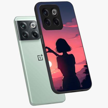 Sunset Silhouette Boy Glass Case for 1+10T angled mockup showcasing glossy finish and rich orange tones