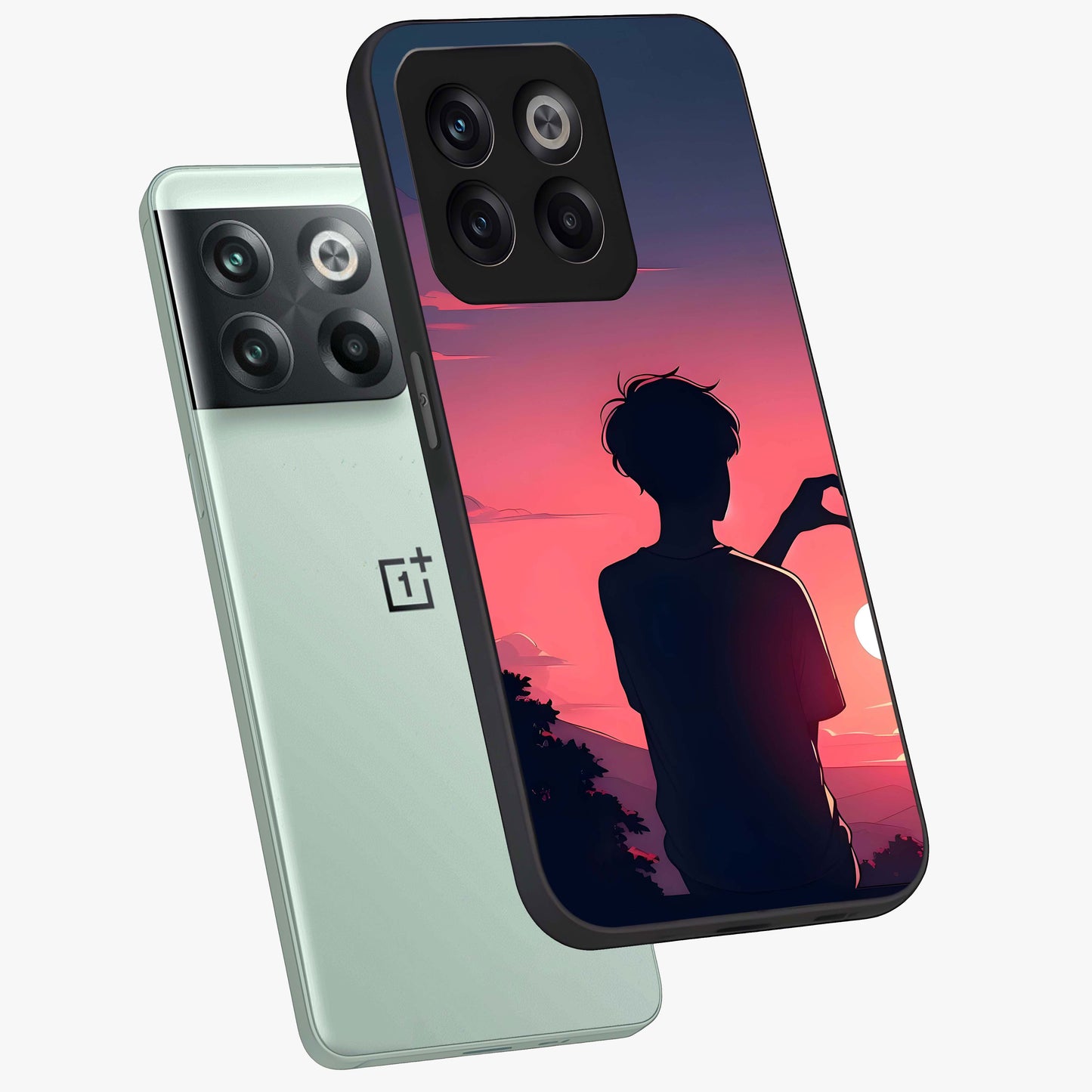 Sunset Silhouette Girl Glass Case for 1+10T angled mockup showcasing glossy finish and warm gradient tones