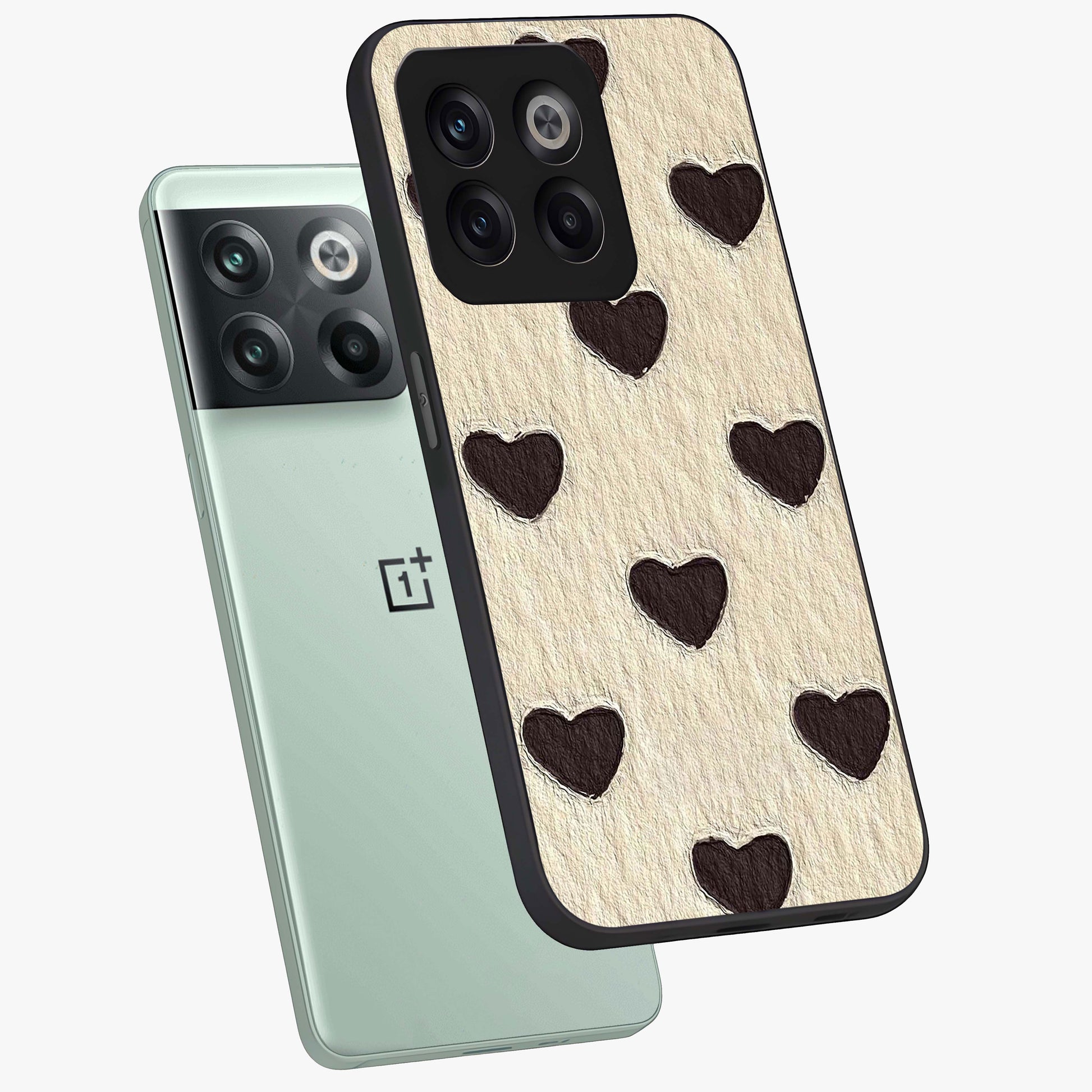 Textured Love Pattern Glass Case for 1+10T angled mockup showcasing glossy finish and subtle pattern detailing