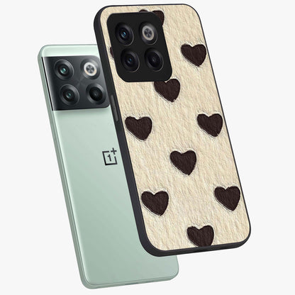 Textured Love Pattern Glass Case for 1+10T angled mockup showcasing glossy finish and subtle pattern detailing