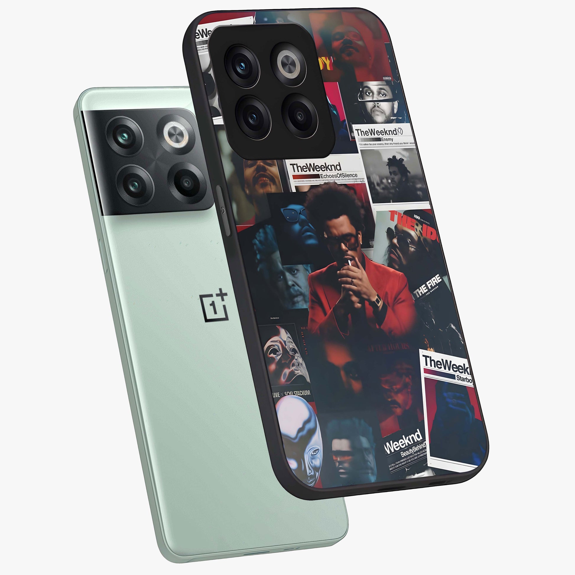 The Weeknd Glass Case for 1+10T angled mockup showcasing glossy finish and bold modern tones
