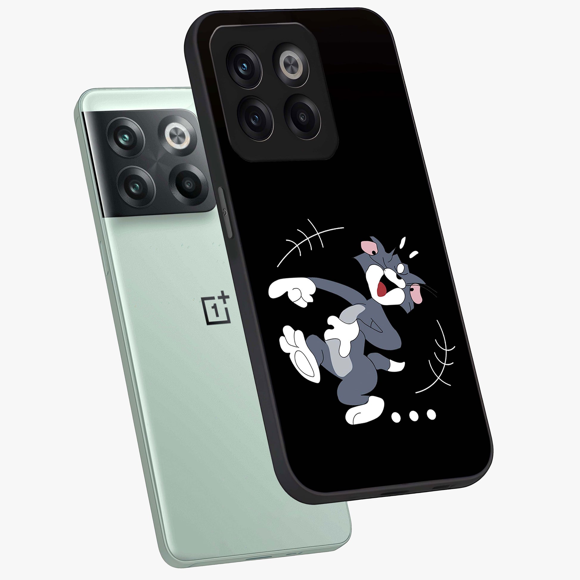 Tom in Trouble Glass Case for 1+10T angled mockup showcasing glossy finish and vibrant cartoon detailing