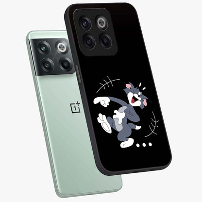 Tom in Trouble Glass Case for 1+10T angled mockup showcasing glossy finish and vibrant cartoon detailing