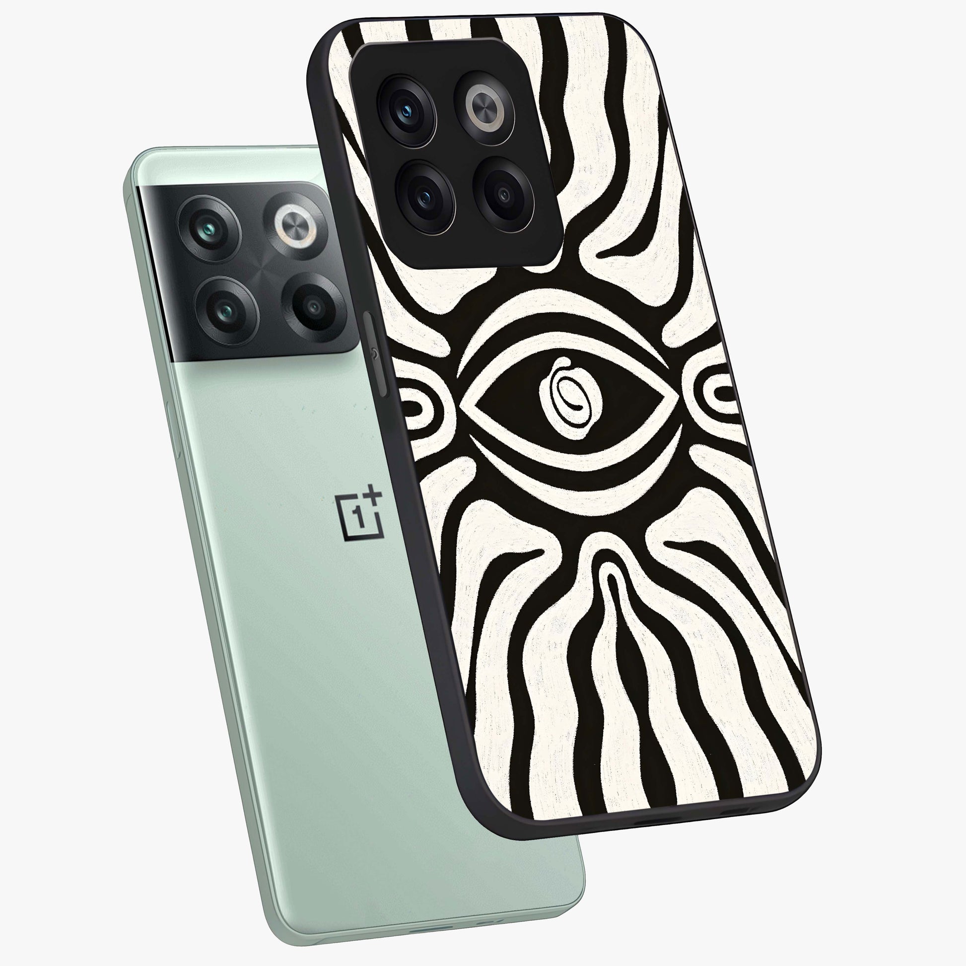 Trancewave Illusion Art Glass Case for 1+10T angled mockup showcasing glossy finish and psychedelic detailing