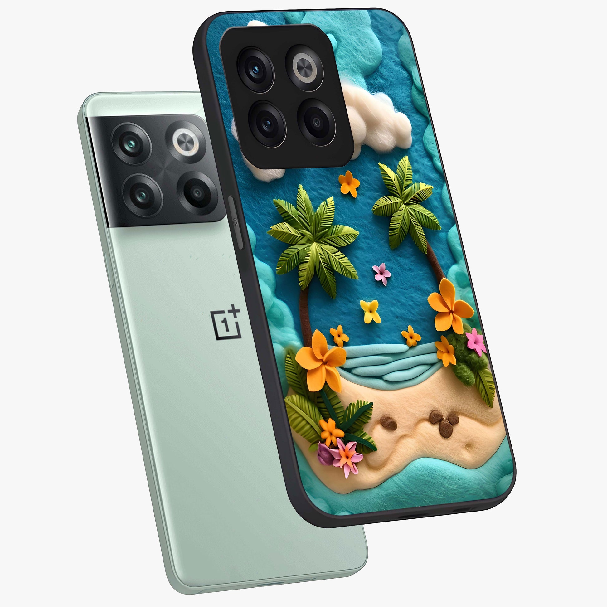 Tropical Felt Escape Glass Case for 1+10T angled mockup showcasing glossy finish and vibrant island tones
