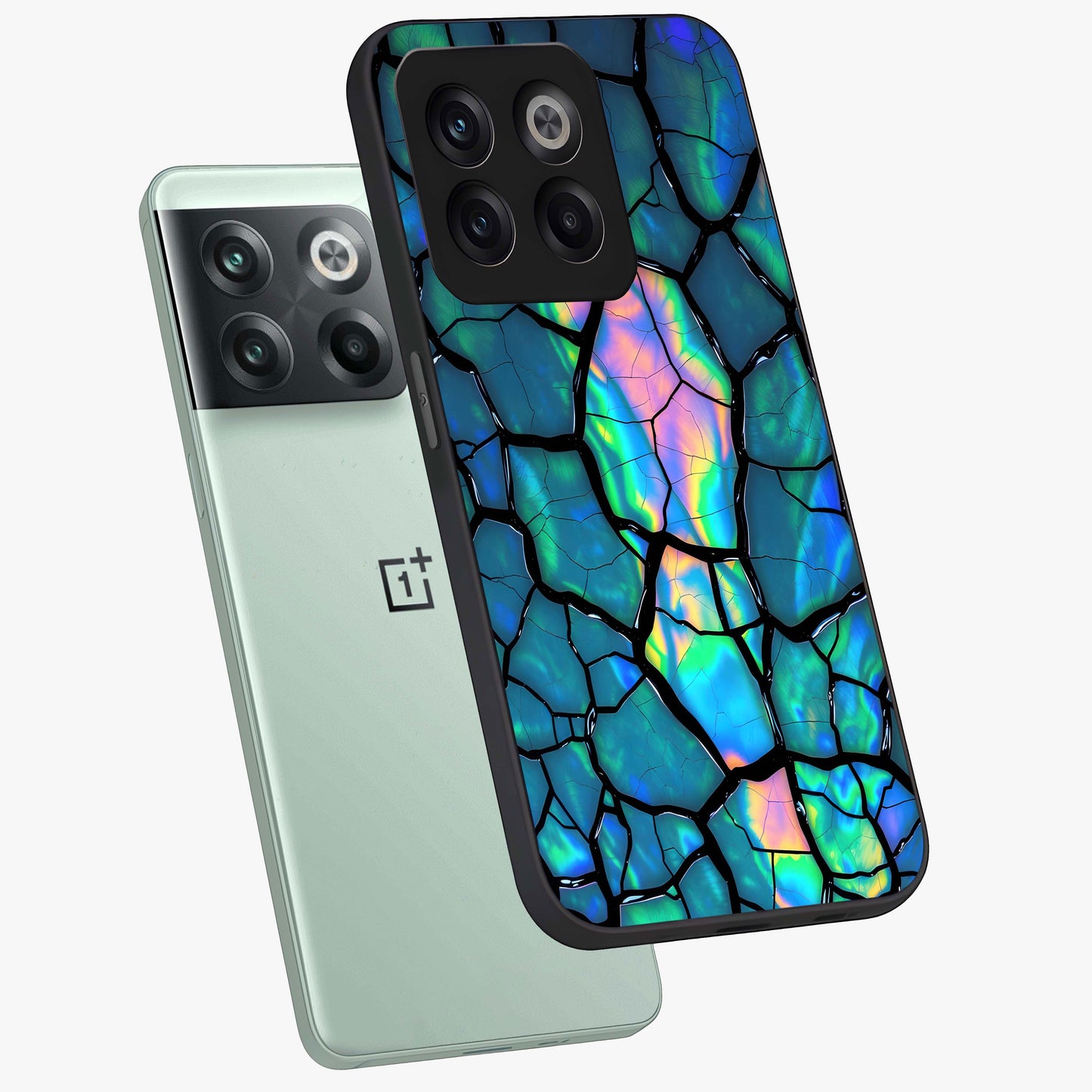 Tropical Wing Vibe Glass Case for 1+10T angled mockup showcasing glossy finish and bold gradient detailing
