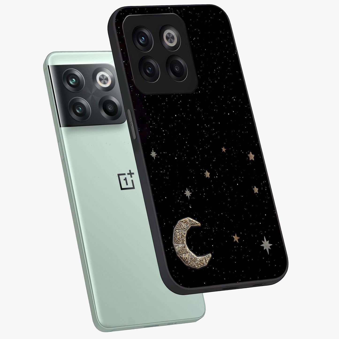 Twinkle Star With Half Moon Glass Case for 1+10T angled mockup showcasing glossy finish and celestial night tones